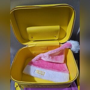 TRULY NWOT Bundle San Tropez Yellow Vegan Leather Travel Trunk and PinkSanta Hat